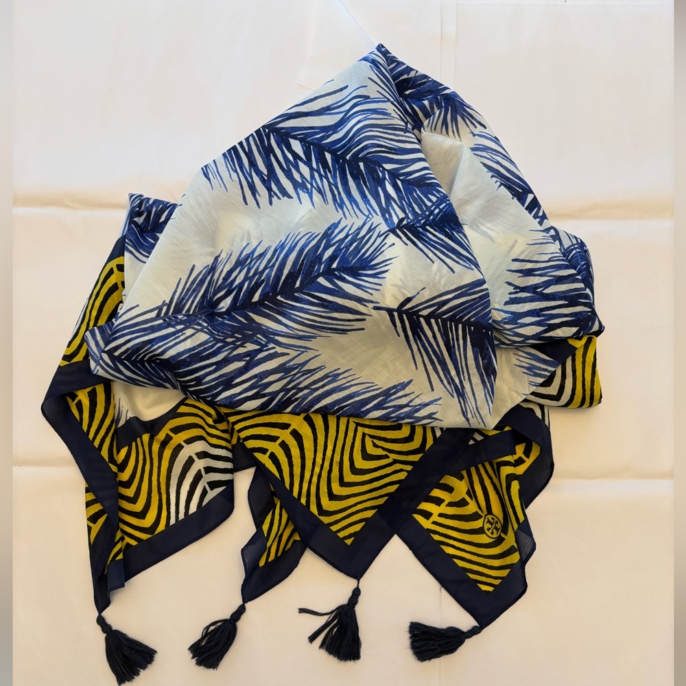 Tory Burch Feather Print Scarf /50x50/ yellow, navy, white w tassels